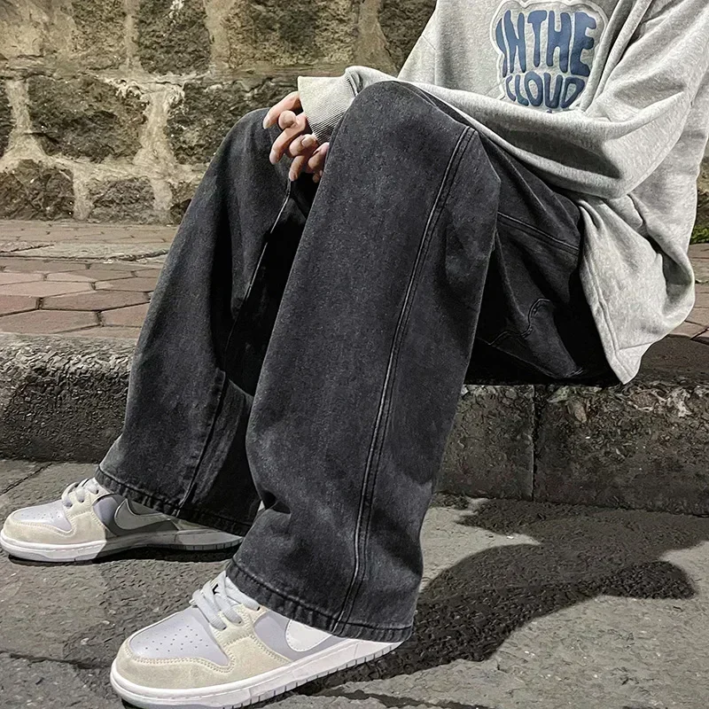 2025 New Streetwear Loose Jeans Men Korean Style Fashion Loose Straight Wide Leg Pants Men's Brand Clothing Black Light Blue