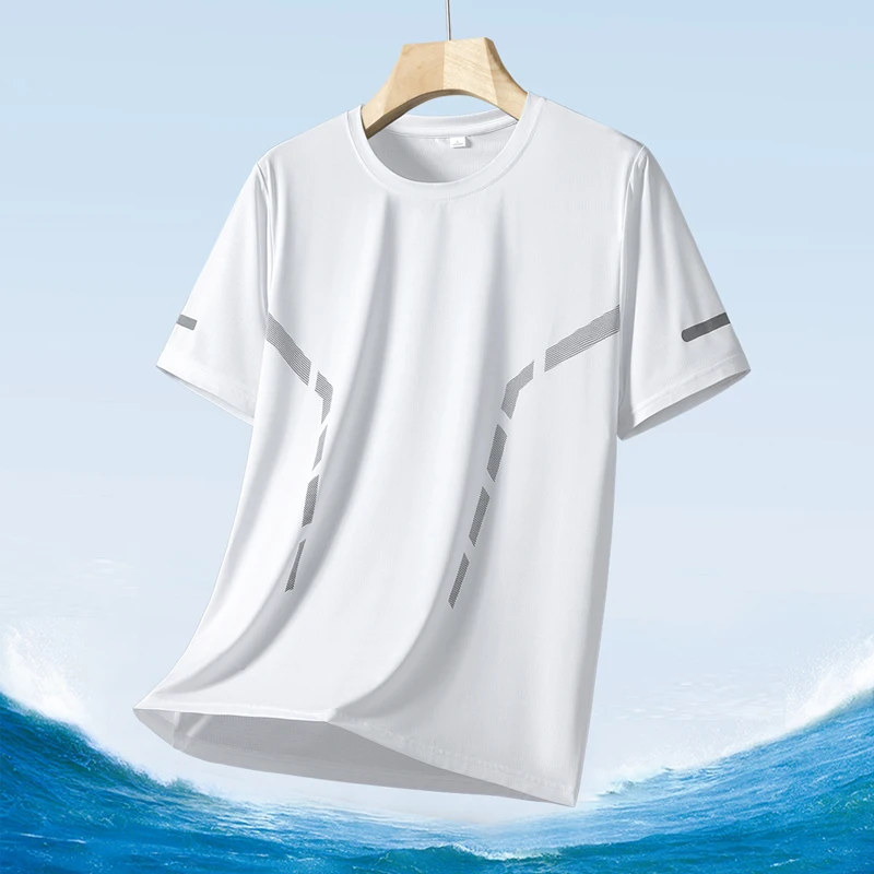 Men's Silk Ice Round Collar T-shirt, Simple Running Fitness Suit, Breathable Thin T-shirt, Quick Dry T-shirt, Summer