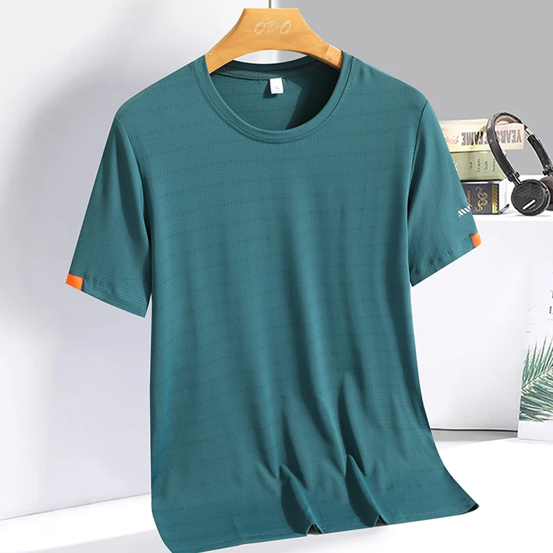 Men's Silk Ice Round Collar T-shirt, Simple Running Fitness Suit, Breathable Thin T-shirt, Quick Dry T-shirt, Summer