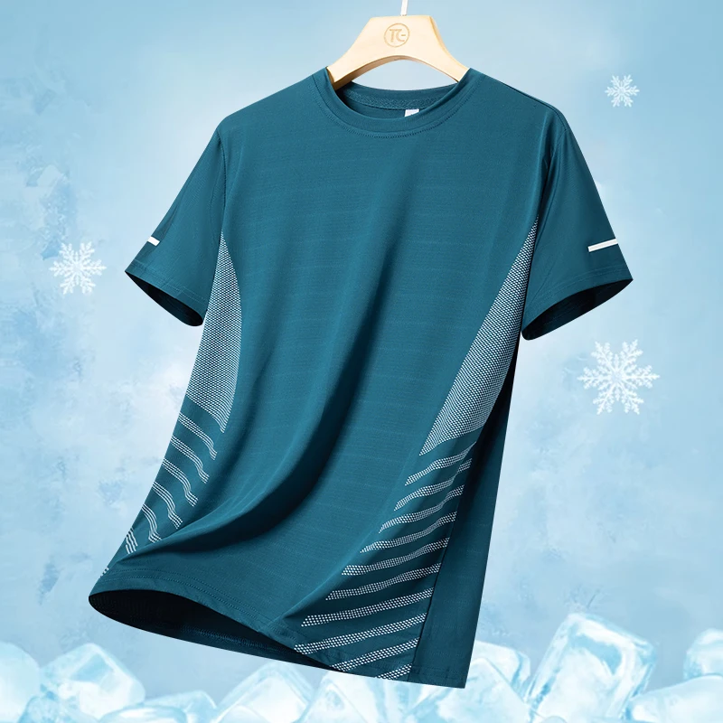 Men's Silk Ice Round Collar T-shirt, Simple Running Fitness Suit, Breathable Thin T-shirt, Quick Dry T-shirt, Summer