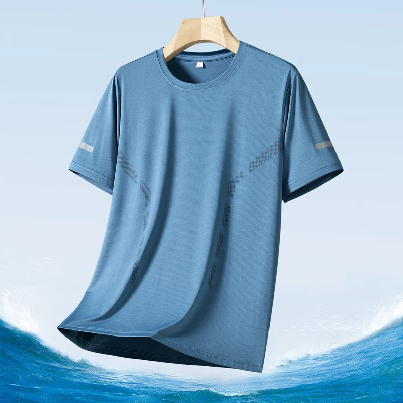 Men's Silk Ice Round Collar T-shirt, Simple Running Fitness Suit, Breathable Thin T-shirt, Quick Dry T-shirt, Summer