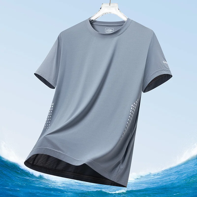 Men's Silk Ice Round Collar T-shirt, Simple Running Fitness Suit, Breathable Thin T-shirt, Quick Dry T-shirt, Summer