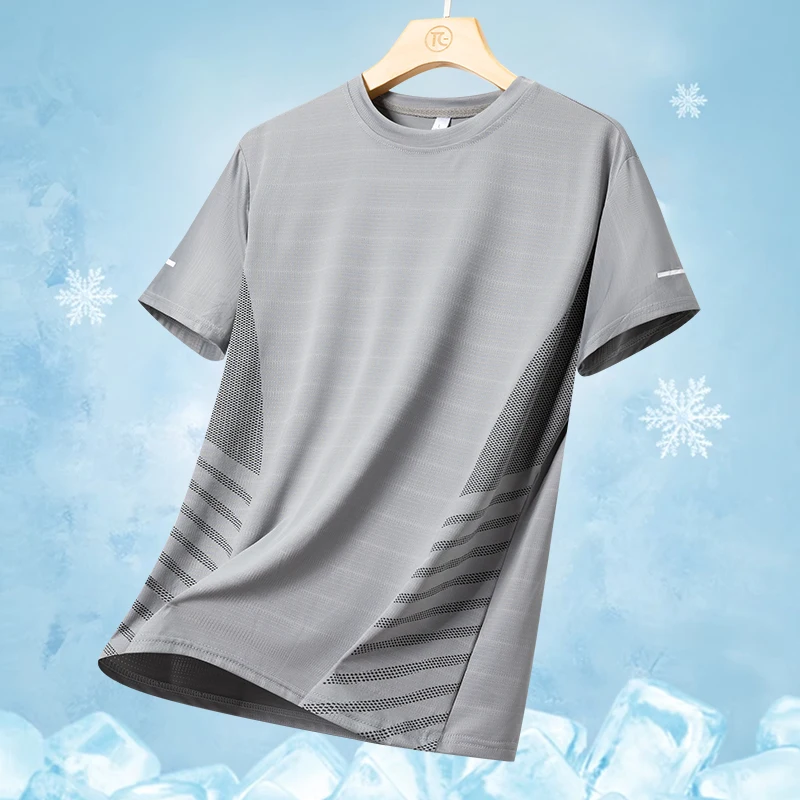 Men's Silk Ice Round Collar T-shirt, Simple Running Fitness Suit, Breathable Thin T-shirt, Quick Dry T-shirt, Summer