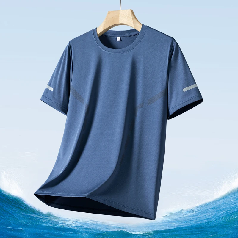 Men's Silk Ice Round Collar T-shirt, Simple Running Fitness Suit, Breathable Thin T-shirt, Quick Dry T-shirt, Summer