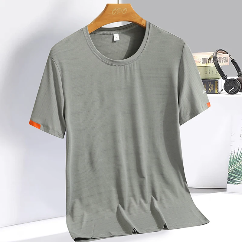 Men's Silk Ice Round Collar T-shirt, Simple Running Fitness Suit, Breathable Thin T-shirt, Quick Dry T-shirt, Summer