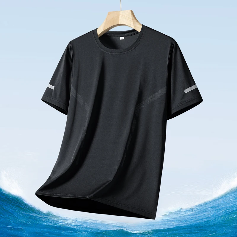 Men's Silk Ice Round Collar T-shirt, Simple Running Fitness Suit, Breathable Thin T-shirt, Quick Dry T-shirt, Summer