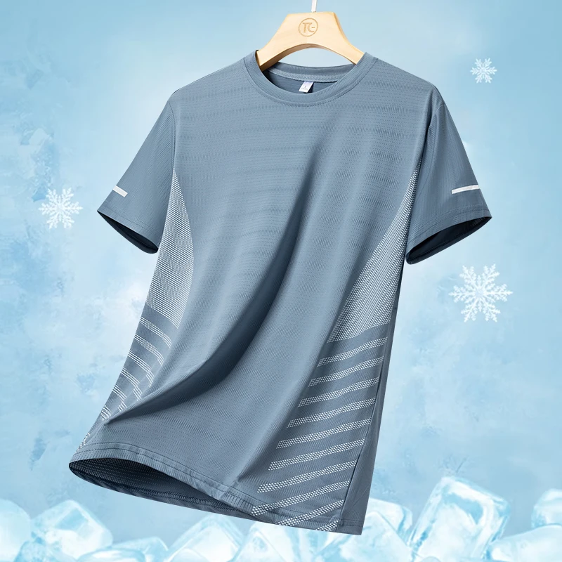Men's Silk Ice Round Collar T-shirt, Simple Running Fitness Suit, Breathable Thin T-shirt, Quick Dry T-shirt, Summer