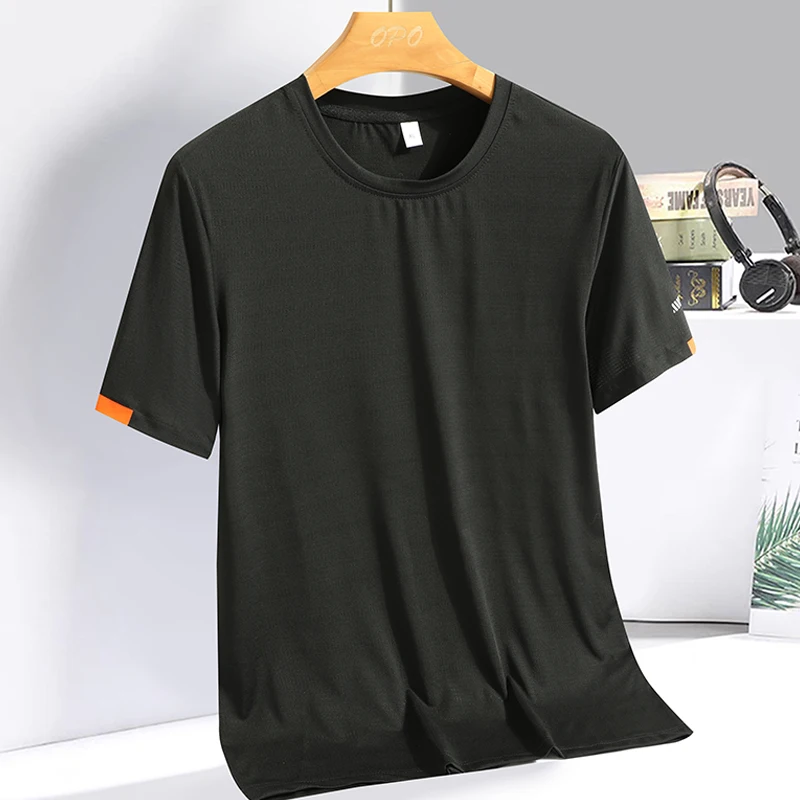 Men's Silk Ice Round Collar T-shirt, Simple Running Fitness Suit, Breathable Thin T-shirt, Quick Dry T-shirt, Summer