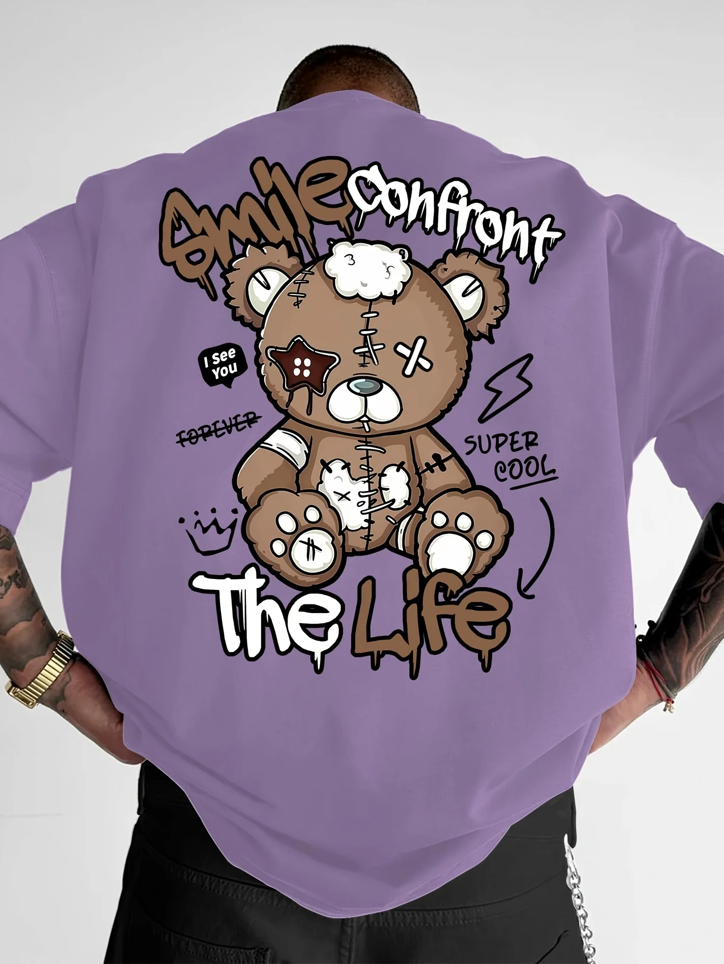 Summer New Men's Fashion Style Teddy Bear Letter Print Comfortable and Breathable Round Neck T-Shirt Outdoor High Street Top