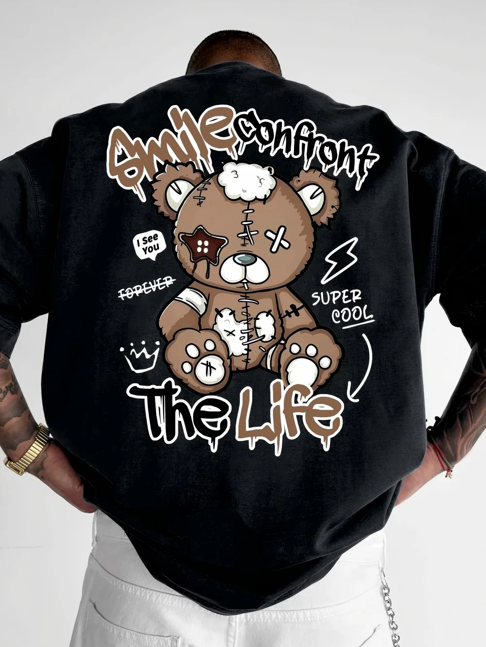 Summer New Men's Fashion Style Teddy Bear Letter Print Comfortable and Breathable Round Neck T-Shirt Outdoor High Street Top
