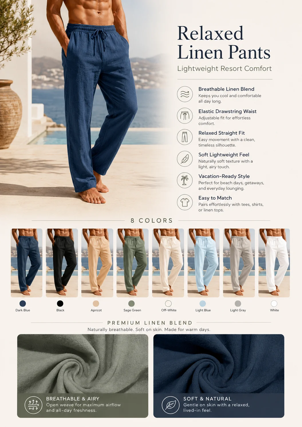 Summer Men Pure Cotton Linen Pants Lightweight Breathable Loose Drawstring Solid Color Beach Casual Long Trousers M-4XL