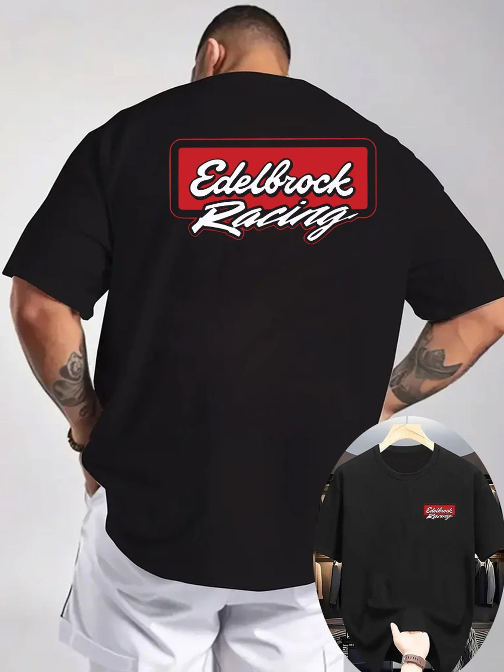 Men's Edelbrock Racing Graphic T-Shirt Light Grey Front and Back Print Sweatshirt Perfect for Racing Enthusiasts' Casual Wear