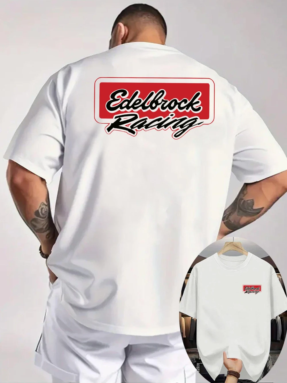 Men's Edelbrock Racing Graphic T-Shirt Light Grey Front and Back Print Sweatshirt Perfect for Racing Enthusiasts' Casual Wear