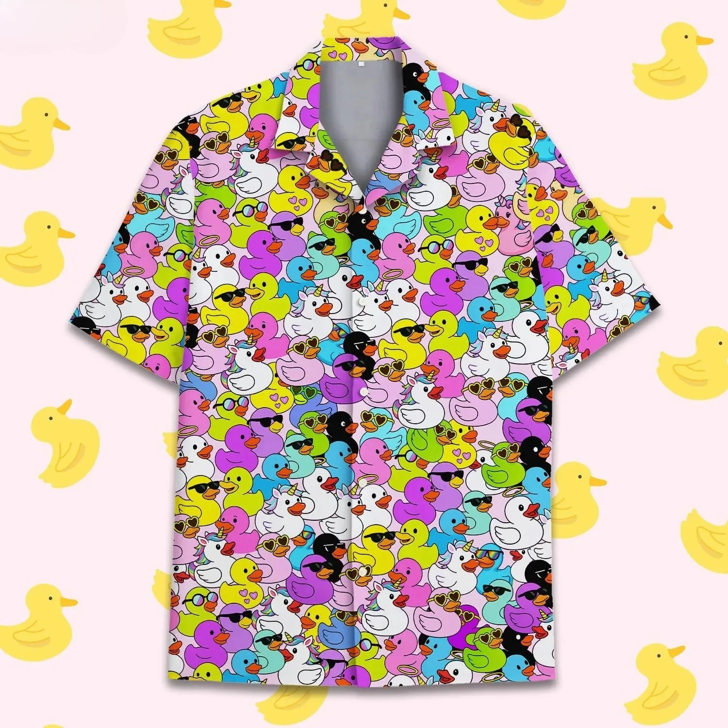 Funny Neon Rubber Duck Hawaiian Shirt for Men Galaxy Yellow Duck Mens Hawaiian Casual Button Down Shirts Short Sleeve Shirt Tops