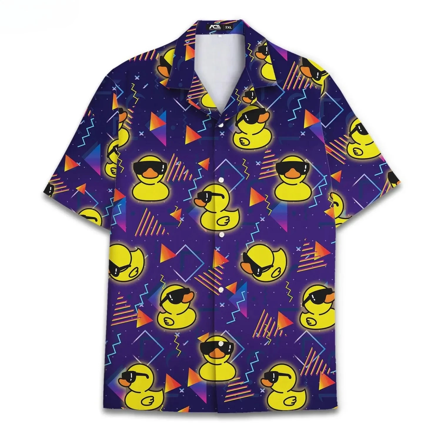 Funny Neon Rubber Duck Hawaiian Shirt for Men Galaxy Yellow Duck Mens Hawaiian Casual Button Down Shirts Short Sleeve Shirt Tops