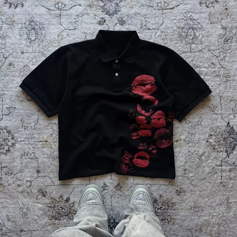 Y2K Polo Shirt Print Rock Goth Oversized T-shirt Hip Hop Button-down Collar Shirt Punk Casual Tee Minimalist and Fashionable