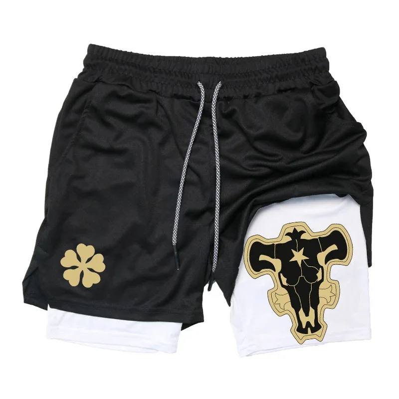 Summer New Black Five-leaf Clover Printed Men's and Women's Shorts Double-layer Loose Sports and Casual Pants for Beach Fitness