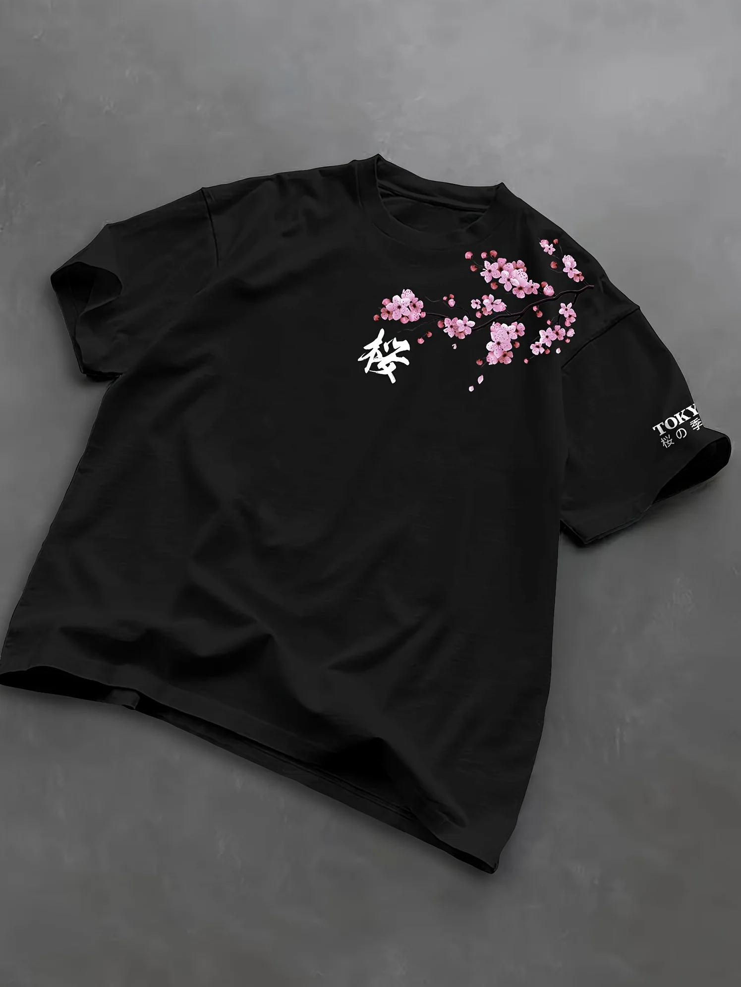 Summer Men Cherry Blossom Pattern Japanese Style Loose-Tee Shirt Suitable for Daily Wear Material Trendy Versatile