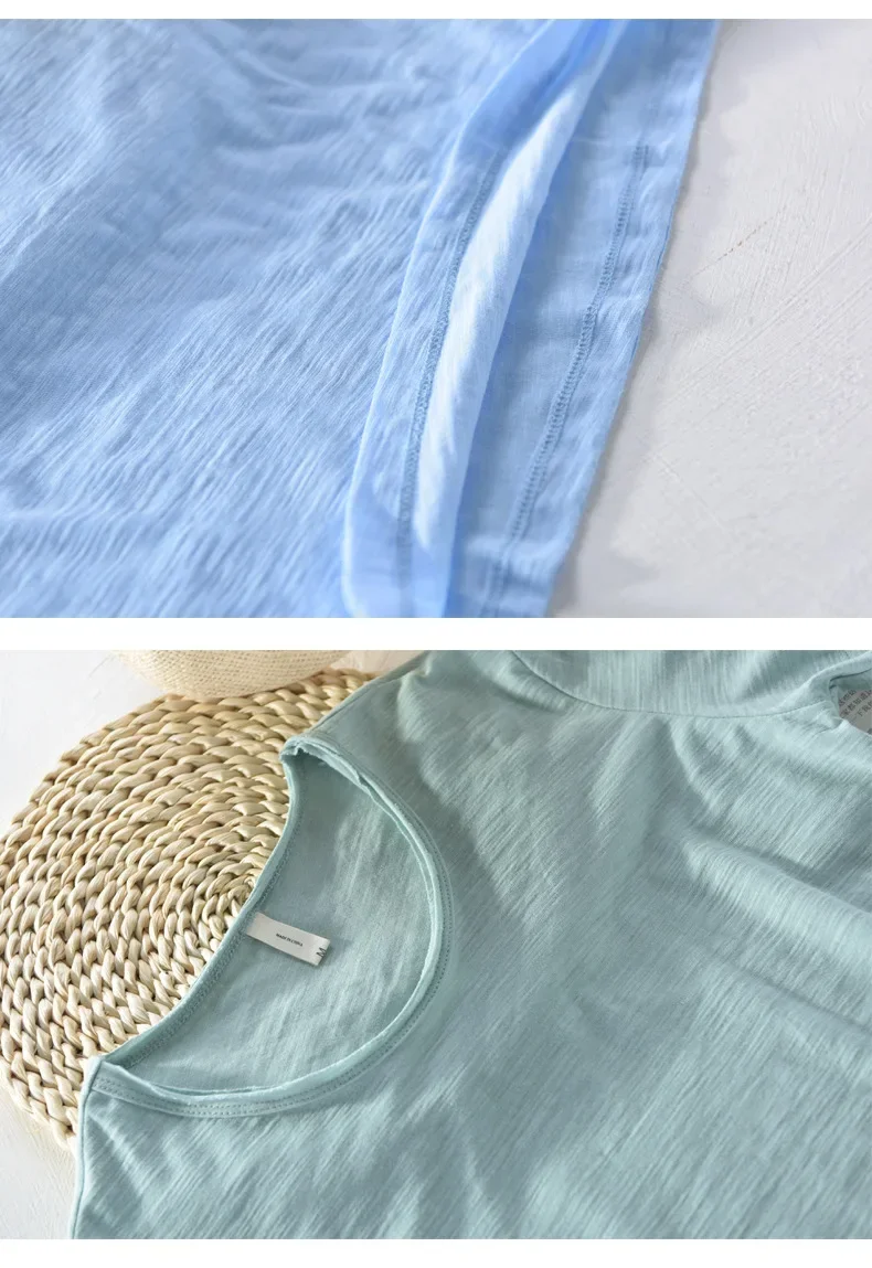 Mens Retro Raw Edge T-Shirt 100% Cotton Lightweight Breathable Slim-fit Monochromatic O-Neck Casual Basic Top Tees