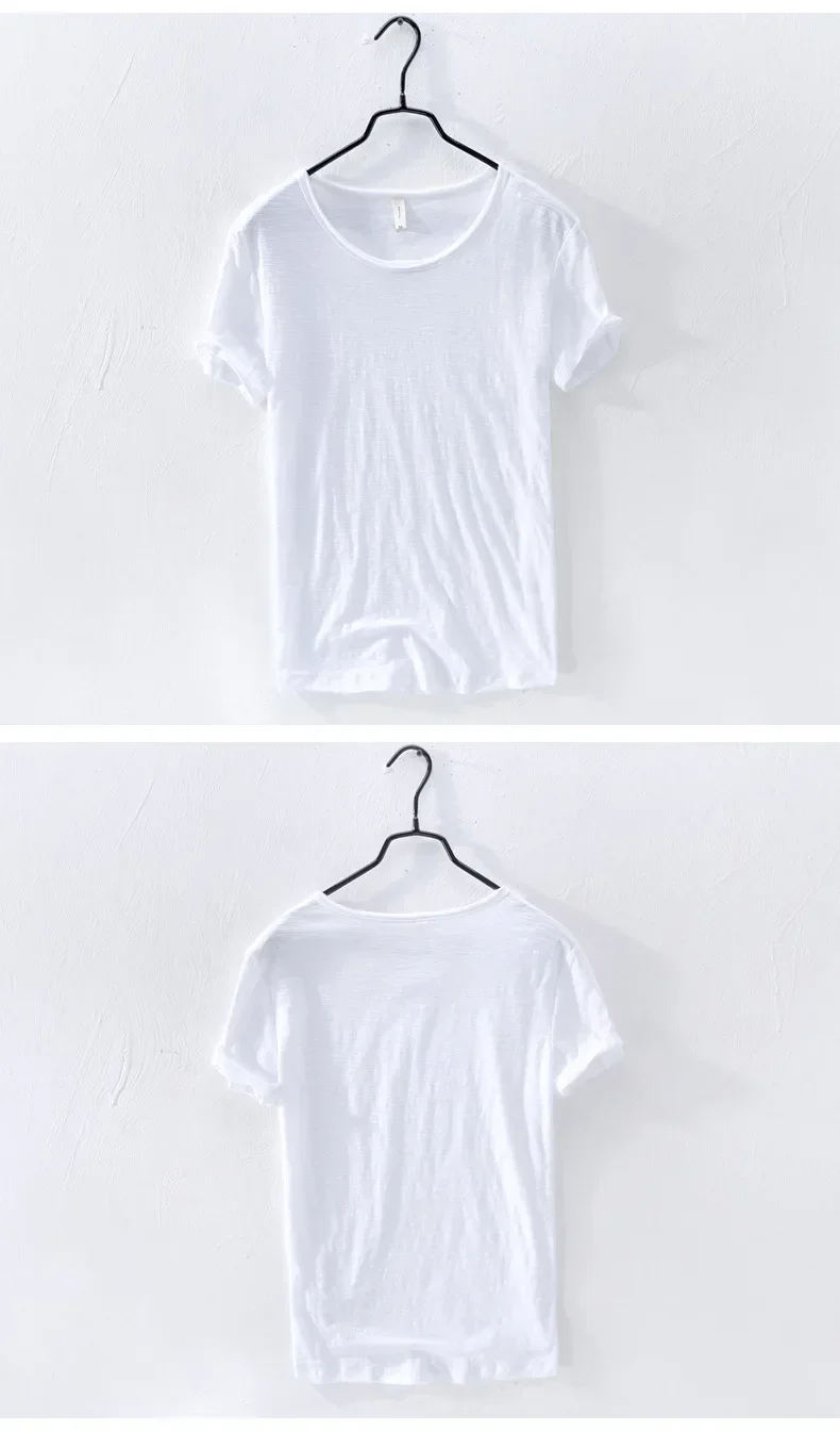 Mens Retro Raw Edge T-Shirt 100% Cotton Lightweight Breathable Slim-fit Monochromatic O-Neck Casual Basic Top Tees