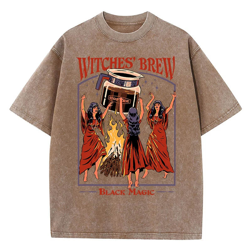 Witches Brew Coffee Black Magic Washed Retro Snow Mens T Shirt Summer Clothes Casual Tee Clothes T-Shirt Cotton Breathable Tops
