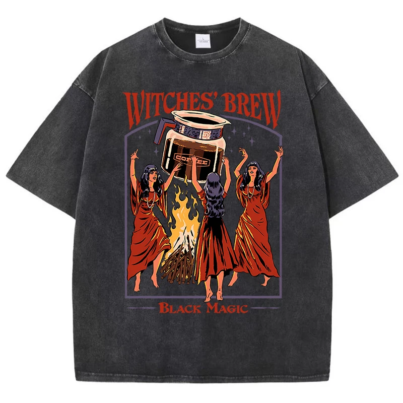 Witches Brew Coffee Black Magic Washed Retro Snow Mens T Shirt Summer Clothes Casual Tee Clothes T-Shirt Cotton Breathable Tops