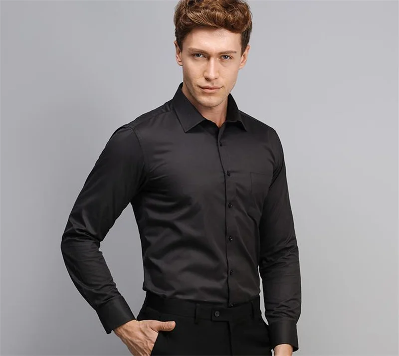 New Men Formal Shirt Long Sleeve Office Solid Color Anti-Wrinkle Fashion Business Pocket White Blue Social Pocket Shirts 6XL 7XL