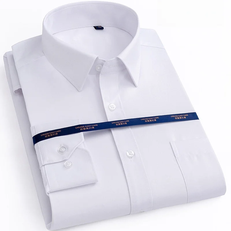 New Men Formal Shirt Long Sleeve Office Solid Color Anti-Wrinkle Fashion Business Pocket White Blue Social Pocket Shirts 6XL 7XL