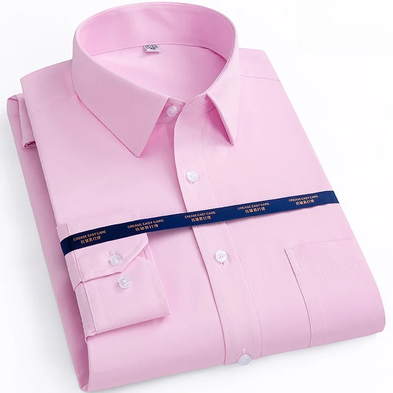 New Men Formal Shirt Long Sleeve Office Solid Color Anti-Wrinkle Fashion Business Pocket White Blue Social Pocket Shirts 6XL 7XL