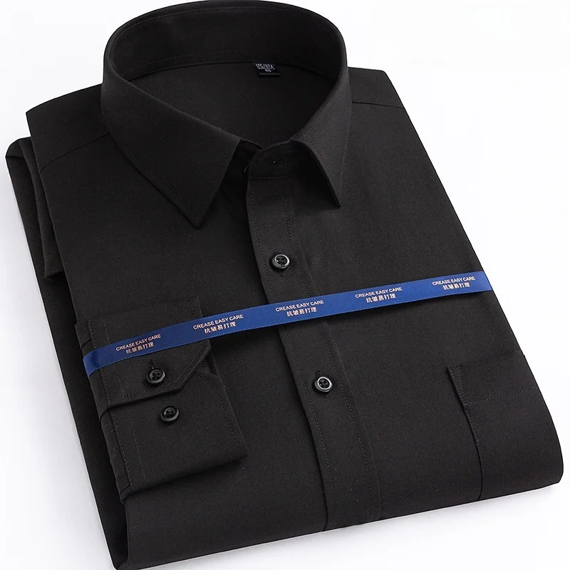 New Men Formal Shirt Long Sleeve Office Solid Color Anti-Wrinkle Fashion Business Pocket White Blue Social Pocket Shirts 6XL 7XL