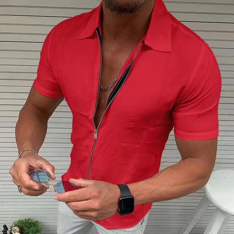 Men's Light Business Office Casual Zipper Short Sleeve Shirt Slim Fit Solid Color Lapel Cardigan Fashion Tops