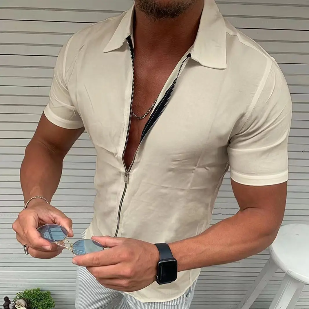 Men's Light Business Office Casual Zipper Short Sleeve Shirt Slim Fit Solid Color Lapel Cardigan Fashion Tops
