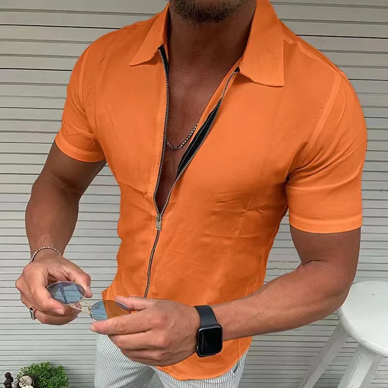 Men's Light Business Office Casual Zipper Short Sleeve Shirt Slim Fit Solid Color Lapel Cardigan Fashion Tops