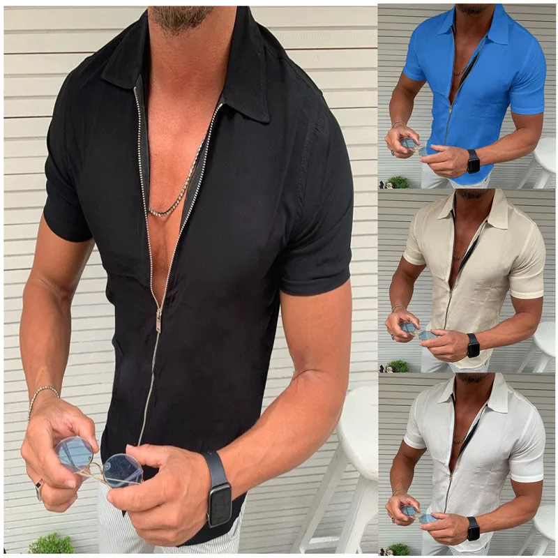Men's Light Business Office Casual Zipper Short Sleeve Shirt Slim Fit Solid Color Lapel Cardigan Fashion Tops