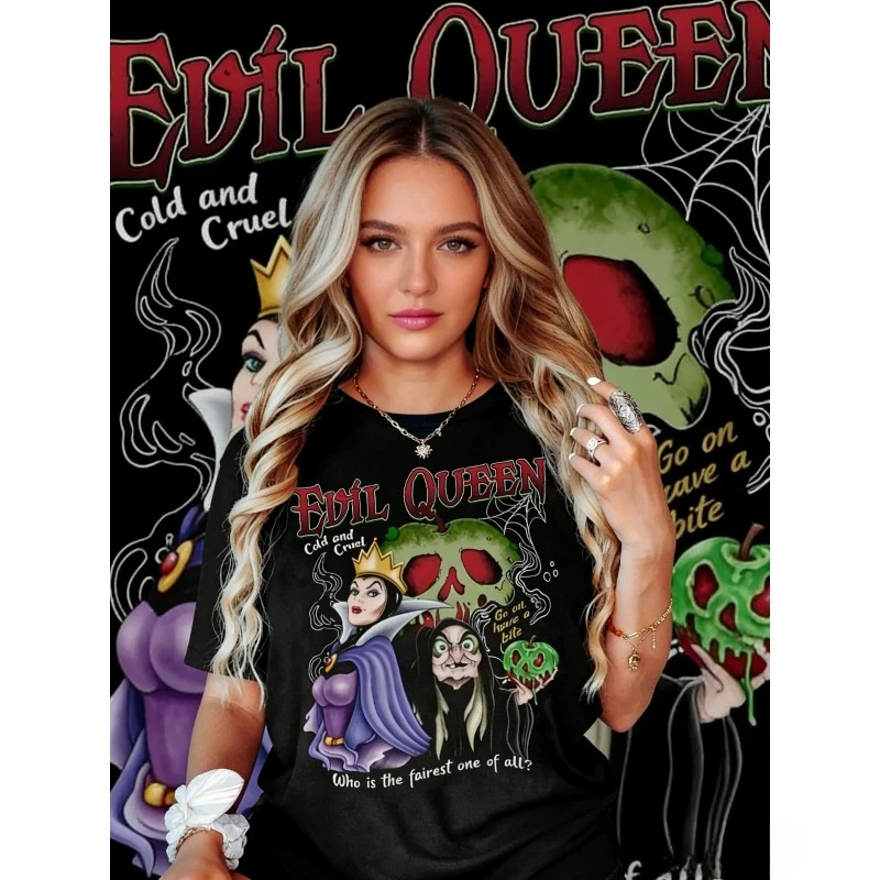 Disney T Shirt Retro Halloween Villain Evil Queen Loose Breathable Cotton Printed T-shirt