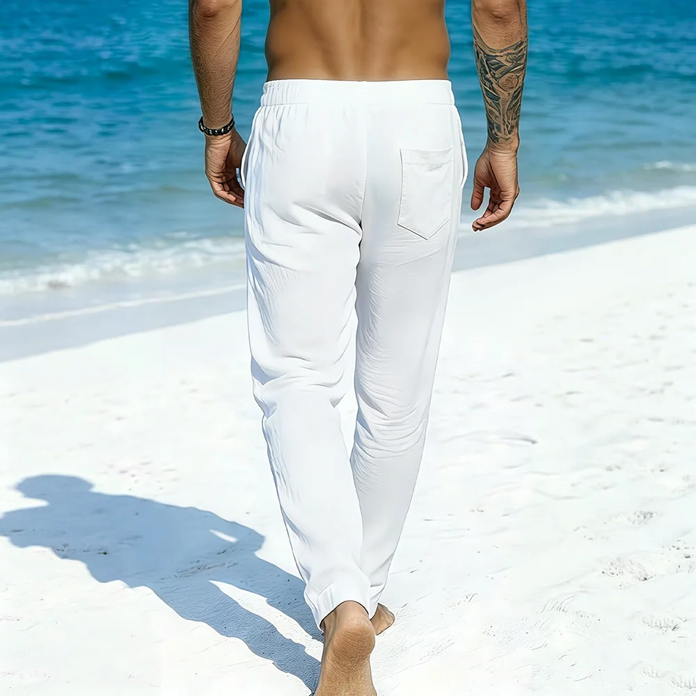 Men's Cotton Linen Long Pants Solid Color Breathable Lightweight Beach Style Vacation Cozy Long Pants Elastic Waist Trousers
