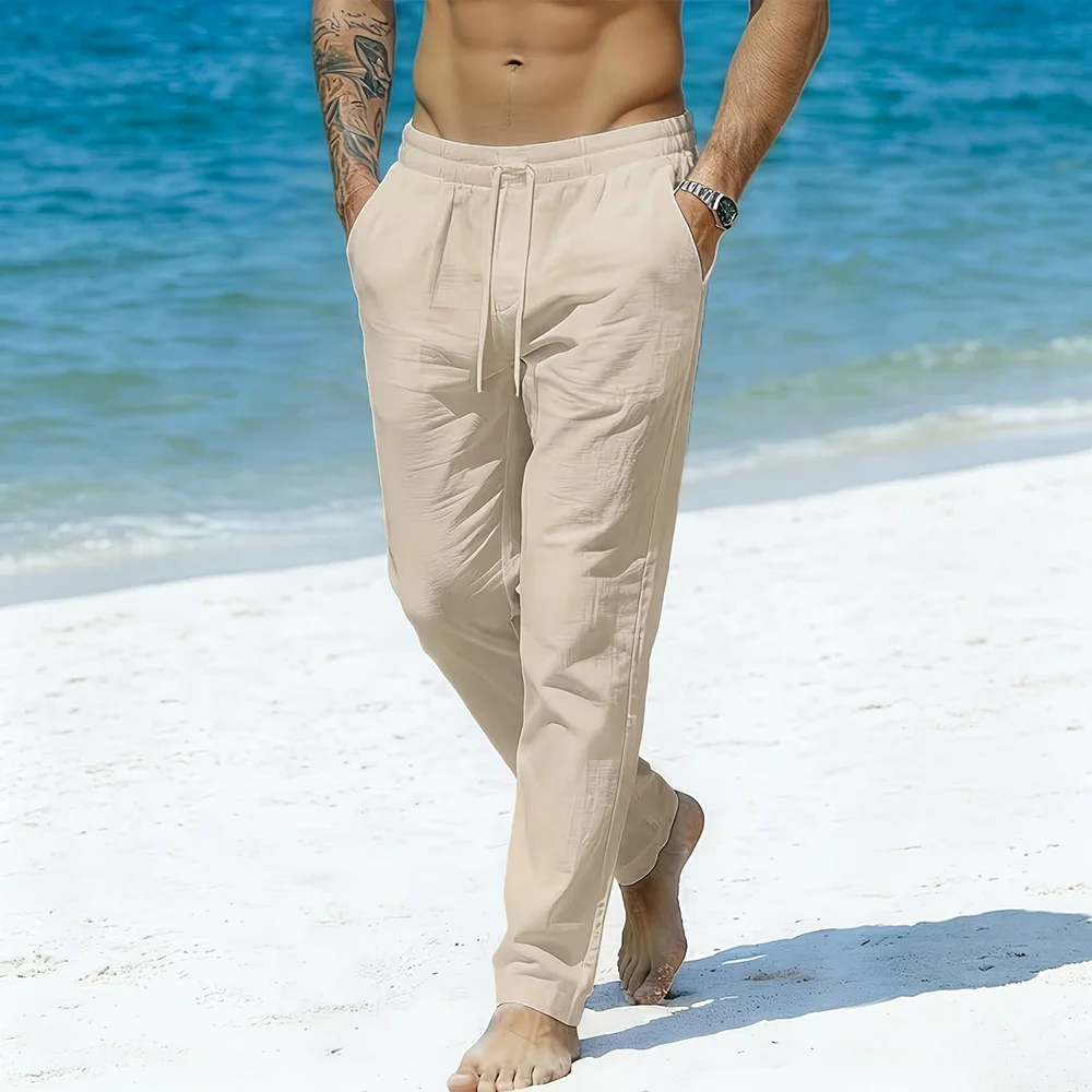 Men's Cotton Linen Long Pants Solid Color Breathable Lightweight Beach Style Vacation Cozy Long Pants Elastic Waist Trousers