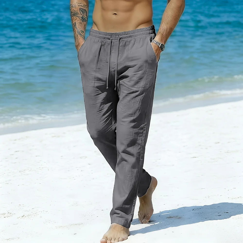 Men's Cotton Linen Long Pants Solid Color Breathable Lightweight Beach Style Vacation Cozy Long Pants Elastic Waist Trousers
