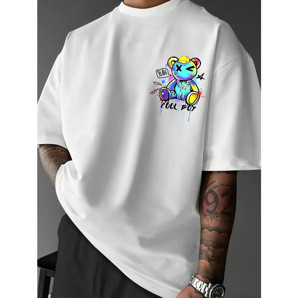 Summer New Men California Bear and Lightning Arrow Star Pattern Loose T-shirt 100% Pure Cotton Soft Material Versatile Trendy