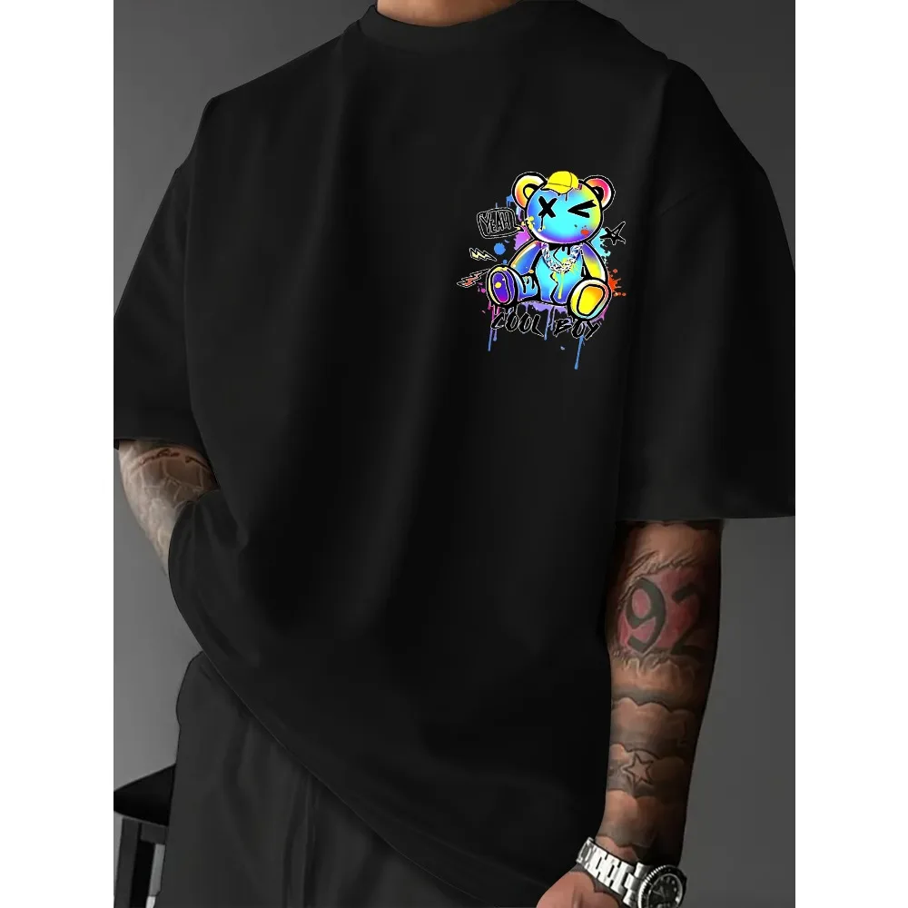 Summer New Men California Bear and Lightning Arrow Star Pattern Loose T-shirt 100% Pure Cotton Soft Material Versatile Trendy
