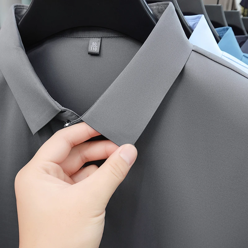 2026 New Men's Solid Polo Shirt Wrinkle Resistant Ice Silk Fabric Short Sleeve For Office And Casual