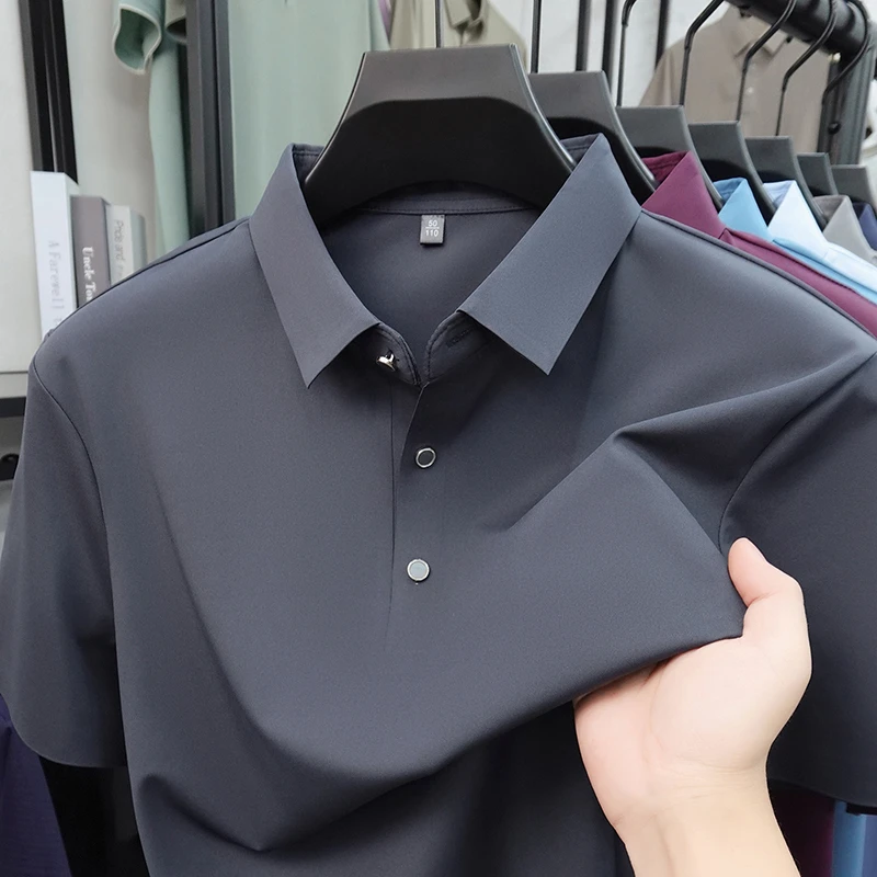 2026 New Men's Solid Polo Shirt Wrinkle Resistant Ice Silk Fabric Short Sleeve For Office And Casual