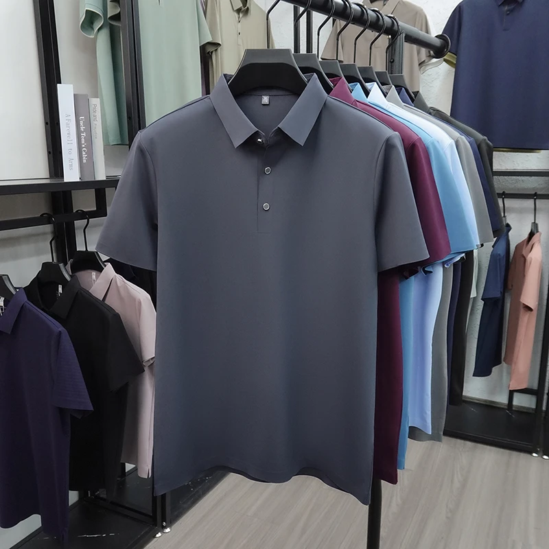 2026 New Men's Solid Polo Shirt Wrinkle Resistant Ice Silk Fabric Short Sleeve For Office And Casual