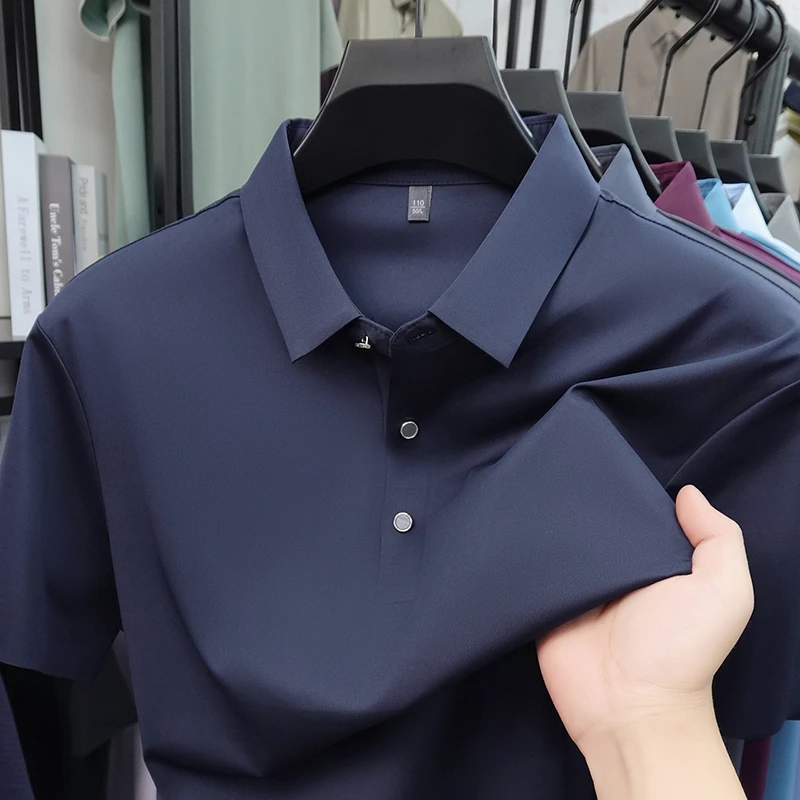 2026 New Men's Solid Polo Shirt Wrinkle Resistant Ice Silk Fabric Short Sleeve For Office And Casual