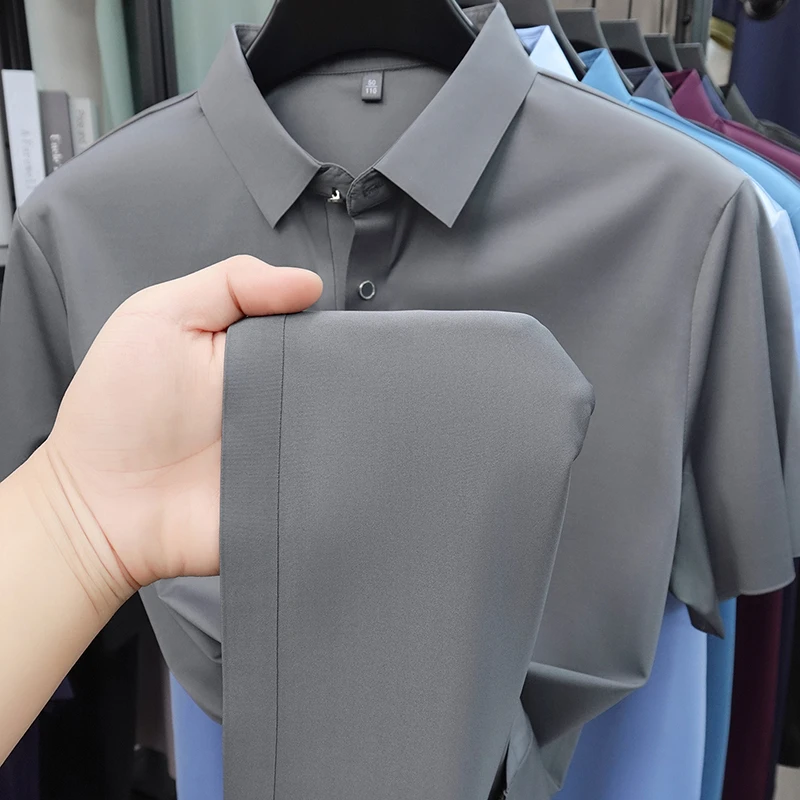 2026 New Men's Solid Polo Shirt Wrinkle Resistant Ice Silk Fabric Short Sleeve For Office And Casual