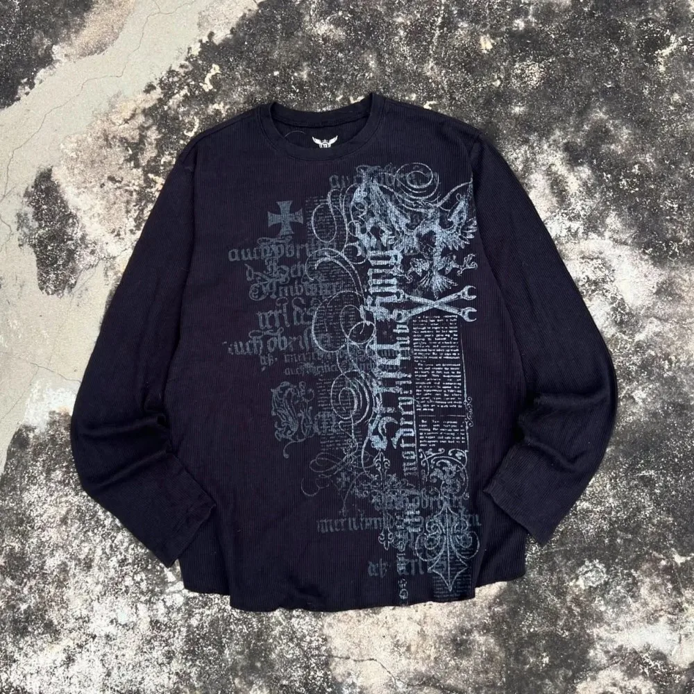 Fashionable Men's Autumn Personalized Skull Letter Print Micro Elastic Comfortable Long-Sleeved T-Shirt Outdoor Street Style Top