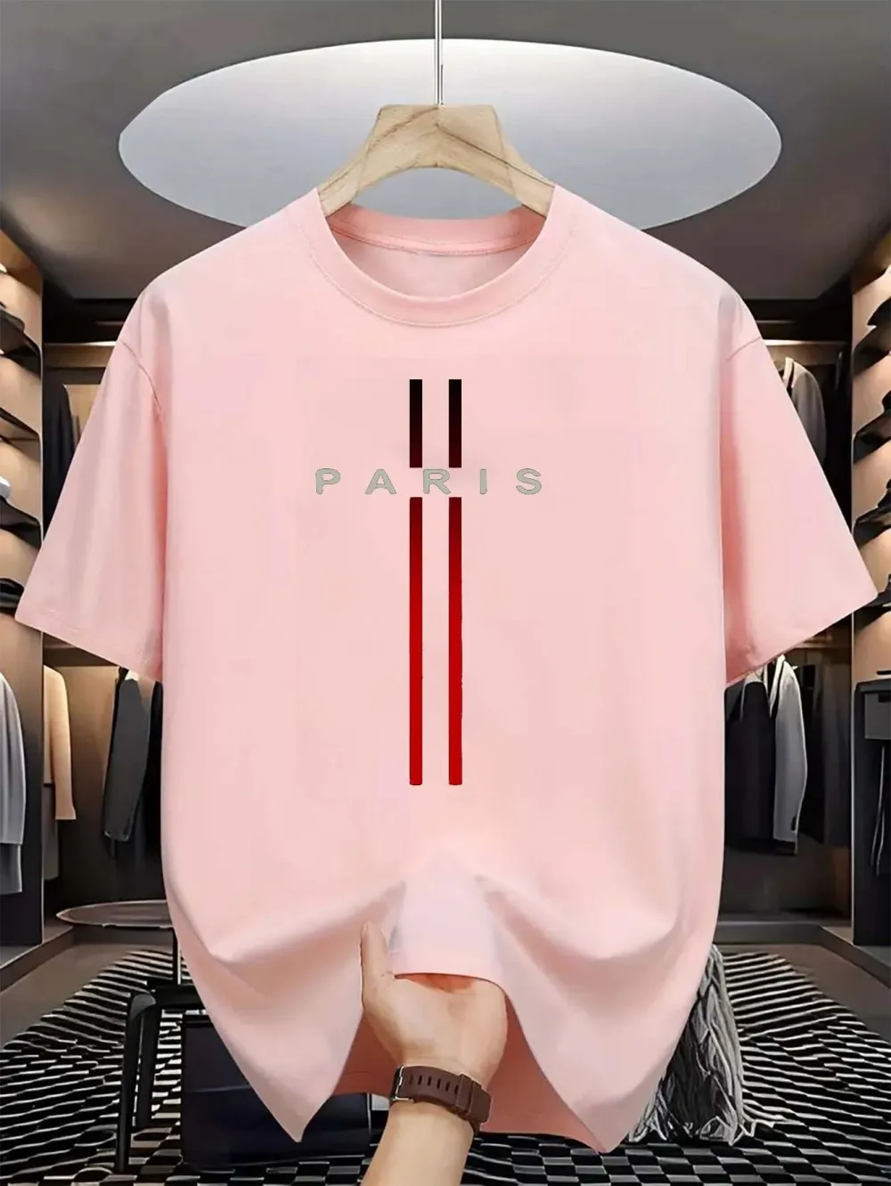 Men's new polyester fabric comfortable and breathable round neck T-shirt Paris letter printed pattern outdoor casual top