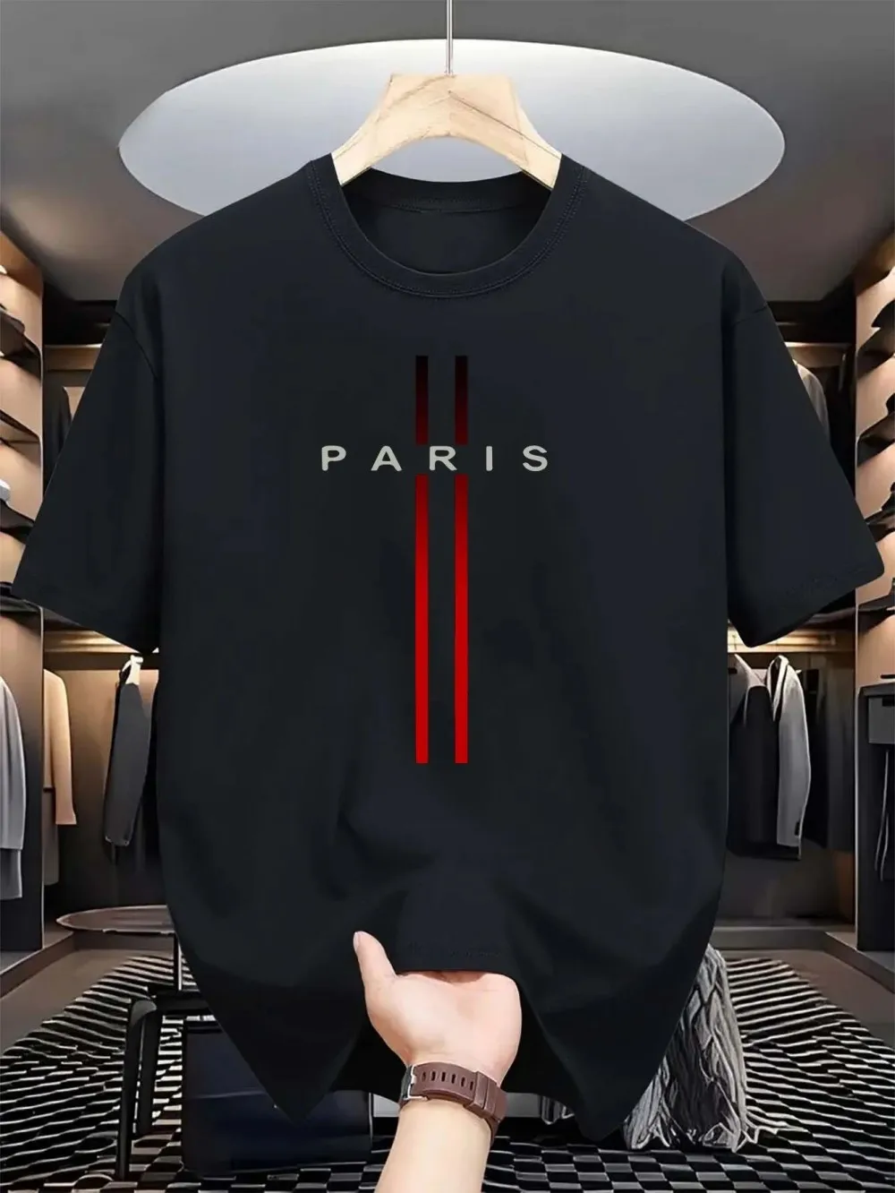 Men's new polyester fabric comfortable and breathable round neck T-shirt Paris letter printed pattern outdoor casual top