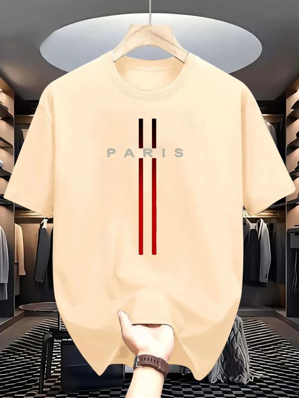 Men's new polyester fabric comfortable and breathable round neck T-shirt Paris letter printed pattern outdoor casual top