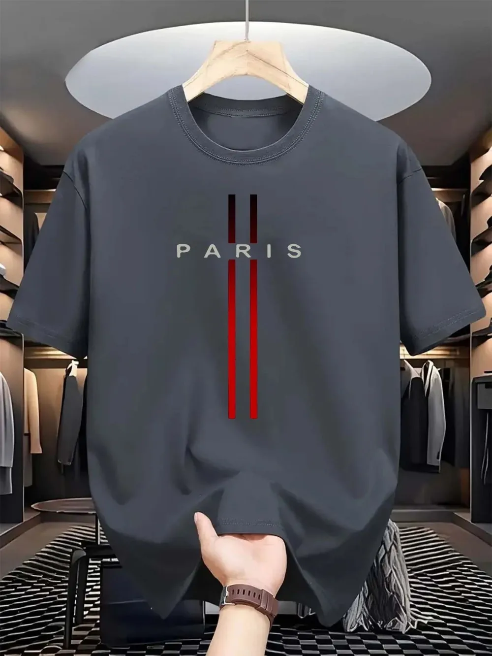 Men's new polyester fabric comfortable and breathable round neck T-shirt Paris letter printed pattern outdoor casual top